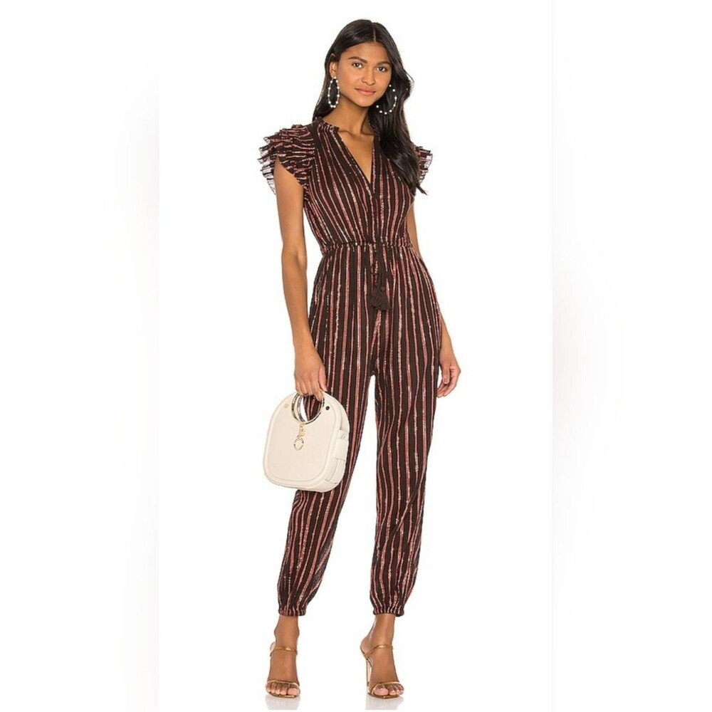 Ulla Johnson Elio Chocolate Metalic Striped V-Neck Jumpsuit Size 12